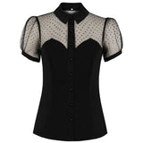 Women Shirt Short Sleeve Lapel Collar Black Buttons Mesh Fabric Patchwork Blouse Party Elegant Ladies Tops Camisas