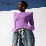 2021 O Neck Long Sleeve T Shirt Women Purple With Shoulder Paid Basic Autumn Casual Sexy Top Shirts