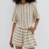 Zingj Women's Short Sleeve Striped Shirt Shorts Set Stylish Loose Breathable Two-Piece Set-Outfit
