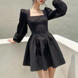 Elegant Chic Square Neck Vintage Puff Sleeve Black Women Mini Dress French Sexy Casual Party StreetWear New Year