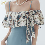 Han Queen Elegant Sexy Suspenders Pencil Dress Women Korean Slim Printed Patchwork Sheath Dresses Party Bodycon Vestido