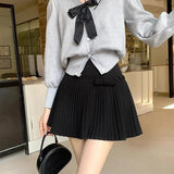 Bow Solid High Waist Pleated A-line Skirt- Outfit