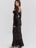 Lace Square Neck Long Flare Sleeve Maxi Dress- Outfit