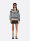 Blue Printed Stand Collar Knitted Cardigan- Outfit