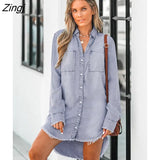 PETAL Frayed Denim Shirt For Women Casual Long Sleeve Pockets Button Up Long Shirt Top 2023 Spring Autumn Shirt