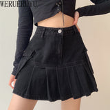 Black Mini Denim Pleated Skirt Women Summer Vintage Clothes Korean Fashion Dark Academia Aesthetic Short Skirts with