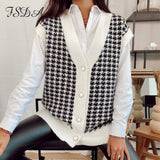 V Neck 2020 Houndstooth Vest Sweater Sleeveless Loose Autumn Winter Oversized Top Casual Jumper Fashion