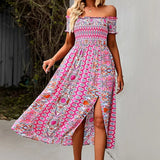 Elegant Floral Print Hem Split Dresses Women Summer Dress 2022 New Boho Holiday Slash Neck Short Sleeve Swing Midi