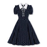 Green Vintage Retro Chiffon Party Women Dress Polka Dots Print Turn Down Collar With Bow Rockabilly A Line Party