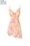 Zingj Women Sexy Backless V-Neck Floral Print Suspender Dress Fashion French Elegant Holiday Party Club Sweet Mini Dress 2023 Summer 211-0-Outfit