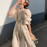 Summer Elegant Puffer Sleeve Party Midi Dress Lady Casual Pleated Black Vestidos Femme Fashion Outerwear Clothes