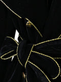 Spring Autumn Long Black Velvet Trench Coat for Women with Gold Trim Sashes Double Breasted Luxury Designer Fashion