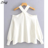 Women Fashion Off Shoulder Black White Color Halter Knitting Sweater Female Chic Long Sleeve Casual Pullovers Tops