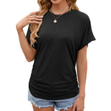 Zingj / Summer 2024 New Round Collar Pleated Solid Color Short-Sleeved Loose T-Shirt Top-Outfit