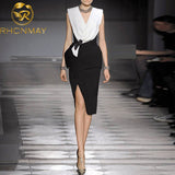 Style 2022 New Summer Women Runway Dress V Neck Sleeveless Fashion Patchwork Clothes Sexy Split Zipper Pencil