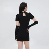 Vintage Black Dress Cheongsam Collar Hollow Out Puff Short Sleeve Casual Fashion High Waist Slit Short Skirt Ladies