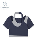 Summer T-Shirt Short Sleeve Halter Neck Crop Tops Female Vintage Casual Streetwear Sexy Aesthetic Y2K Patchwork Tee
