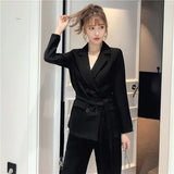 Winter Women Lace Up Pant Suit Notched Blazer Jacket Wide Leg Pant Office Female