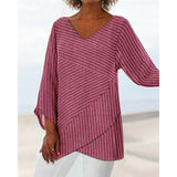 Elegant Striped Cross Criss Blouse Casual Long Sleeve V Neck Linen Baggy Shirt Vintage Linen Tunic Tops