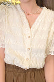 Summer Lace Chiffon Blouse and Tops V Neck Fashion Short Sleeve Shirts Women's Casual Lady Buttons Female Clothing