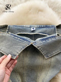 Off the Shoulder Sexy Denim Dress 2023 Strapless Sashes Patchwork Bodycon Dress Ladies Ins Streetwear Short