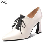 Heels Hoof Pumps Women Lace Up Pumps Cow Leather Shoes Female Fashion Pointed Toe OL Shoes Women Autumn 2023