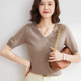 Zingj / Summer 2024 New Knit Short Sleeve Female V Collar Bottom Knit Sleeve Half Sleeve Sweater Loose Bottom Sweater-Outfit