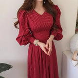 Fashion French Vintage Maxi 2021 Ladies Lantern Sleeve Dot Chiffon Dresses Femme Autumn