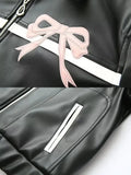Black Bow Faux Leather Biker Jacket- Outfit