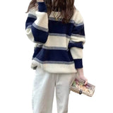 Zingj New Autumn Winter Add Thick Classic Stripe Spell Color Sweater Female Loose Languid Lazy Wind Outside Wear Knit Jacket Trend-Outfit