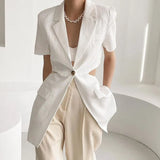 Open Back Short Sleeve Summer Blazer Women 2022 Tunics Korean Fashion Single Button Blazer Jacket Coat