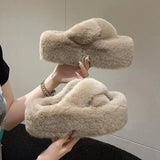 Cross-With Fur Thick Bottom Slippers Women Wear Height 7Cm Small Autumn And Winter Cotton Slippers