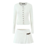 Knit Buttoned Long Sleeve Top And Pleated Mini Skirt-Outfit