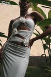 Halter Flower Cut Out Slim Long Dress Elegant White Sleeveless Skinny Cutout Floral Pleated Maxi Dress Club Party