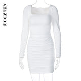 White Square Collar Long Sleeve Sexy Dress for Women Spring Summer Skinny Bodycon Mini Dresses Girls Party Club