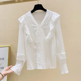 V-neck Women's Shirts Loose Vintage Long Sleeve Sweet Woman's Blouse Lace Stitching Flare Sleeve Solid Blouse Women