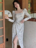 New Women Elegant Retro Midi Dress Long Sleeve Party Vestidos One Piece Drawstring Spring Clothes