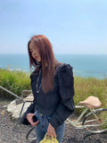 Puff Sleeve Crop Top Pleated Long Sleeve Blouse Women Black White Designer Top High Fashion Spring 2022 Womens