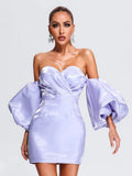 Off Shoulder Puff Sleeves Mini Slim Dress Women V Neck Strapless Lantern Sleeve Mini Dress Celebrity Party Club Satin