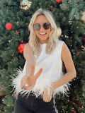 2022 Satin Sleeveless Crop Top Feathers Women Black Summer White Sleeveless Camis Y2K Sexy Tank Tops Party