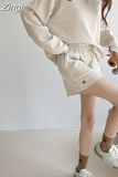 Waffle Long Sleeve Hoodies O Neck Sweatshirts Women Shorts Two Piece Set Knee Length Summer Elastic Waist