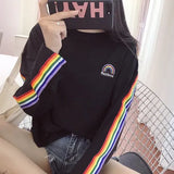 Rainbow Striped Kawaii Long Sleeve Soft Loose Embroidery Korean Style Women Tee Lovely Fashion Womens T-shirt