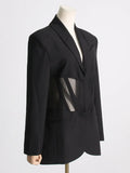 Zingj Coat Female 2024 New French Casual Fish Bone Beam Waist Mesh Stitching Slim Perspective Small Suit