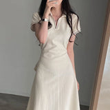 Zingj Chic Summer French Retro POLO Collar Color Trim Waist Show Thin Short Sleeve A-Line Dress Woman-Outfit