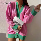 2021 Autumn Winter Green Cardigan Oversized Women Long Sleeve Button Casual Loose Knitted Sweater