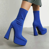 Blue Women Ankle Boots 2022 Stretch Fabric Platform Square High Heel Punk Boots Pointed Toe Autumn Winter Ladies