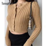 Winter Solid Color Crew Neck Knitted Sweater For Women Korean Slim Long Sleeve Top Twist Detail Cardigan Sweater