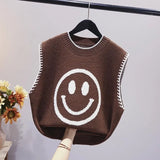 smiley jacquard round neck sleeveless knitted vest loose sweater Korean pullover blouse women casual