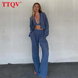Casual High Wasit Blue Women'S Pants 2021 Elegant Full Length Slit Wide Trousers Fashion Pleated Pocket Pants For