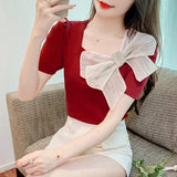 Shot Summer New Square Collar Short Sleeve Bow Bubble Sleeve Design Sense Joker Head Shirt